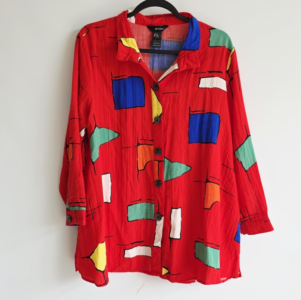Ali Miles Red and Blue Abstract Paint Art To Wear Button Up Shirt Women's Size L